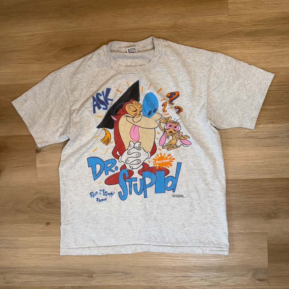1992 Ren and Stimpy, Ask Dr. Stupid, 90s cartoon, Gray Cartoon T-shirt, Size XL